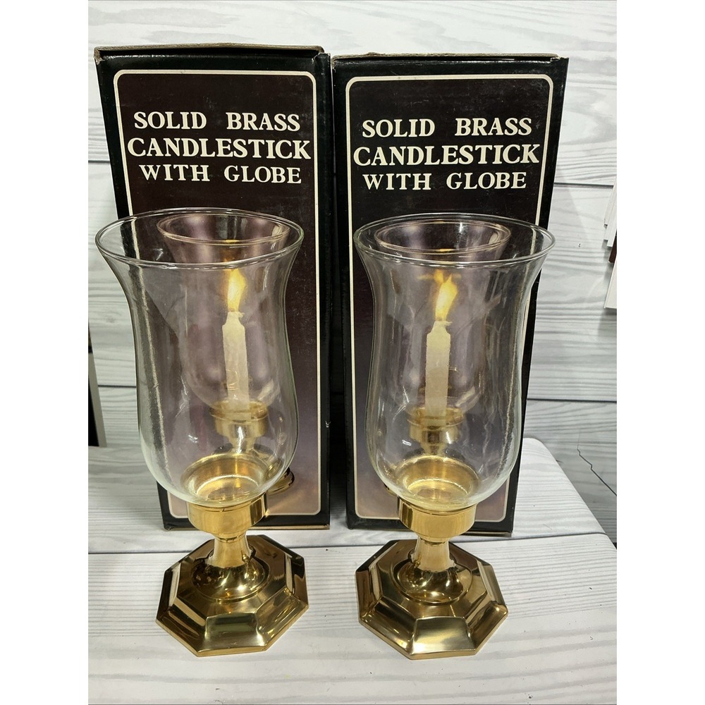 Vintage Pair Of Brass Candle Stick Holders With Glass Globes 8in New In Box